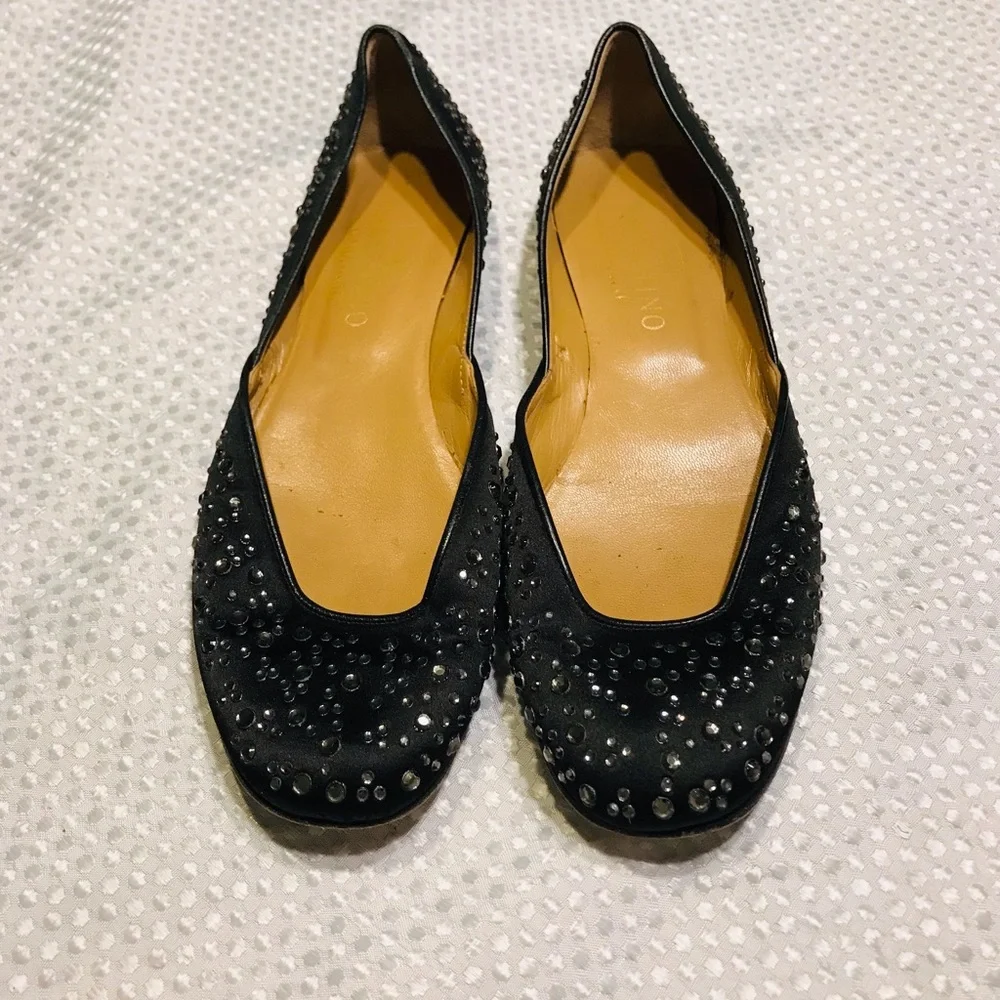 Valentino Garavani Swarovski Crystal Studded Flats Black Satin Size 8.5 - Picture 4 of 14